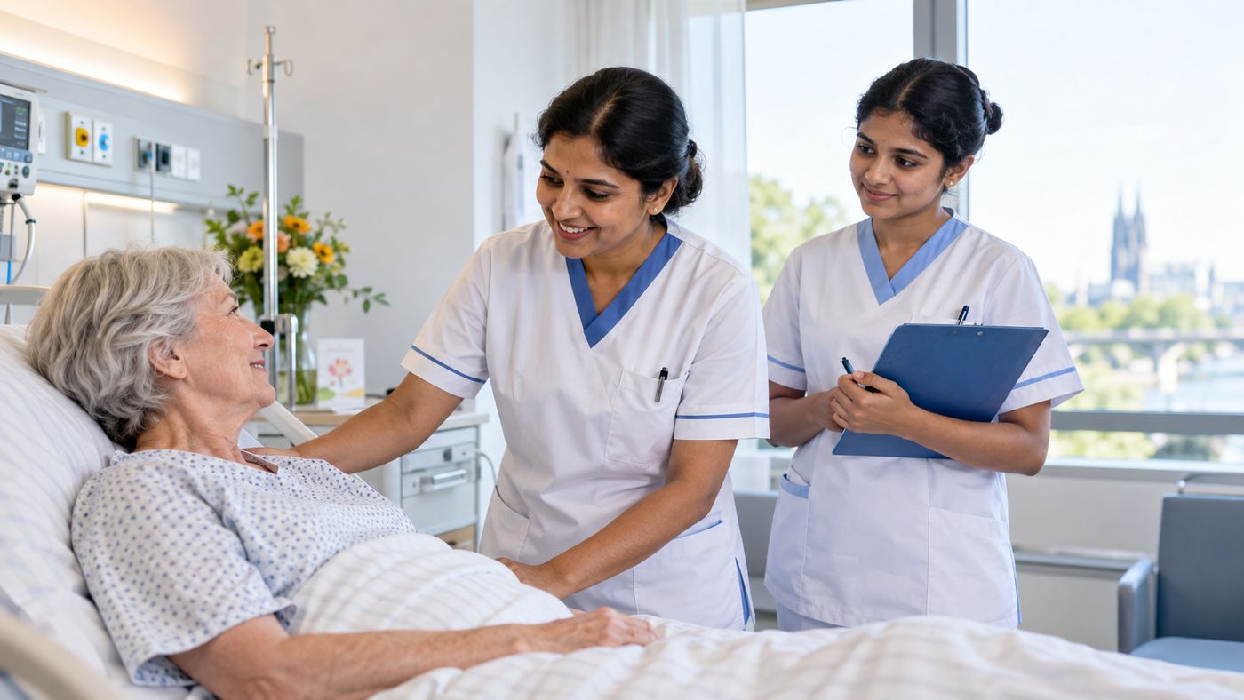 Zwei Pflegefachpersonen im Gespräch mit einer Patientin (Symbolbild)